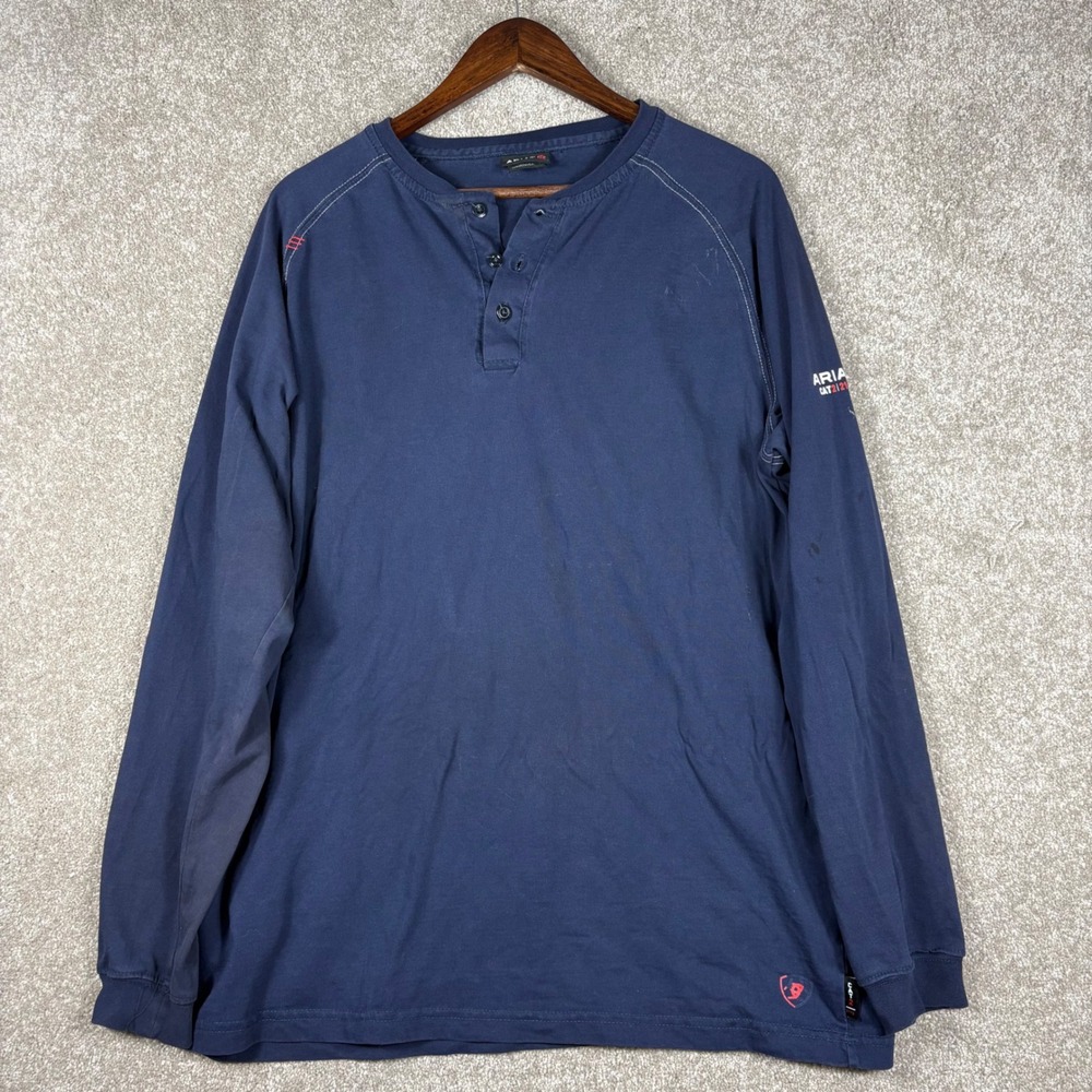 FLAWS Ariat FR Mens XL Navy Blue Flame Resistant Long Sleeve Henley Work Shirt